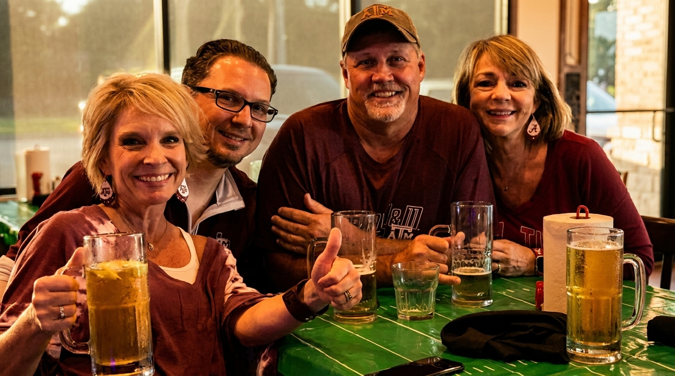 Four smiling adults, two men and two women, enjoying beers at a table with a green tablecloth.