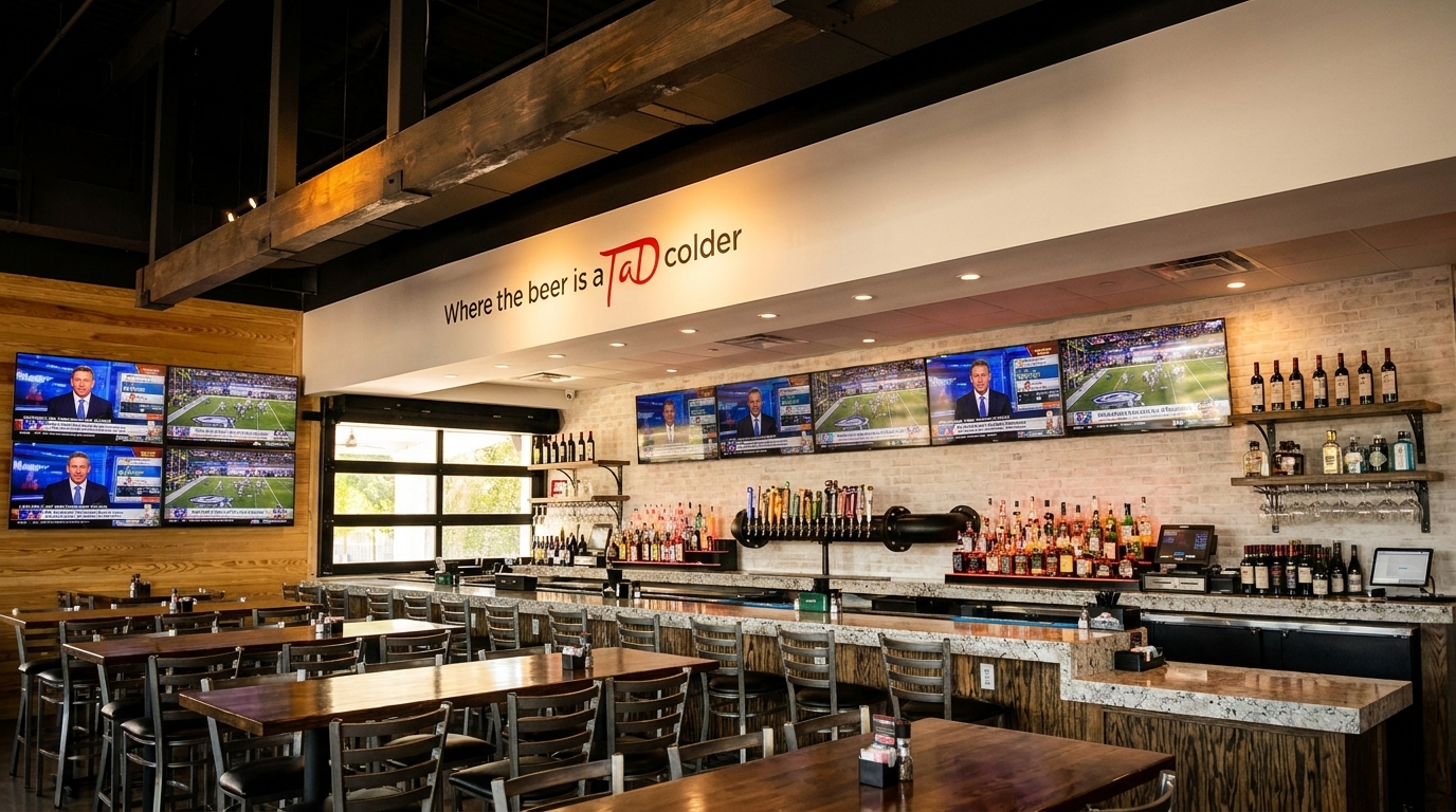 Interior of a modern sports bar with multiple TVs, a long bar, and dining tables.