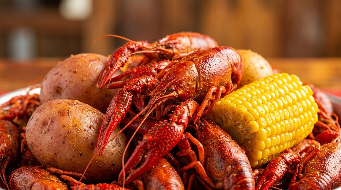 Close-up of a vibrant red crawfish boil with potatoes and corn on the cob.