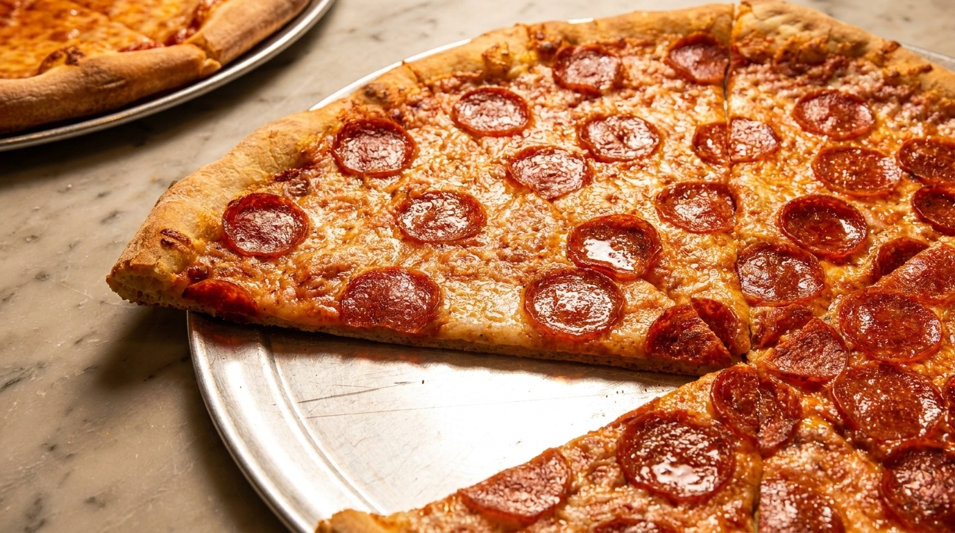 A freshly baked pepperoni pizza with a slice removed, on a metal tray, with another pizza in the background.