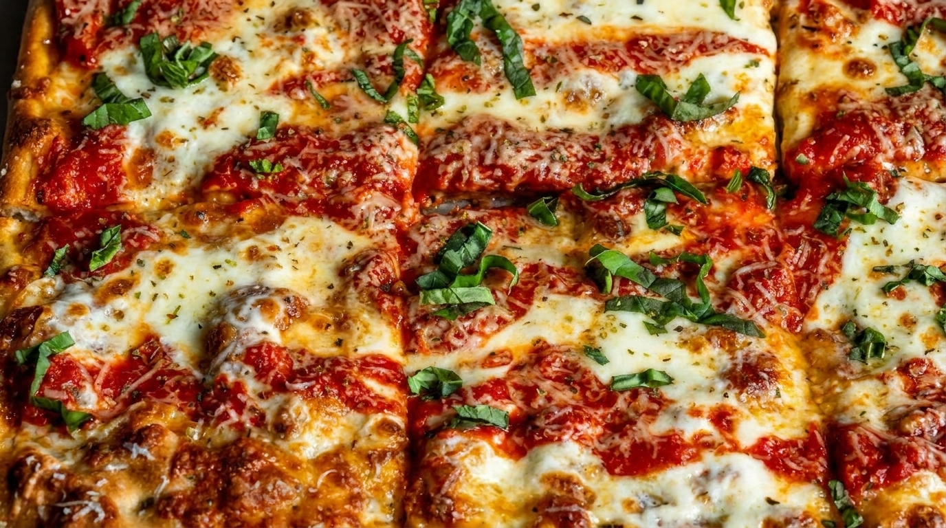 Close-up of a rectangular pizza with melted cheese, red sauce, and fresh basil leaves.