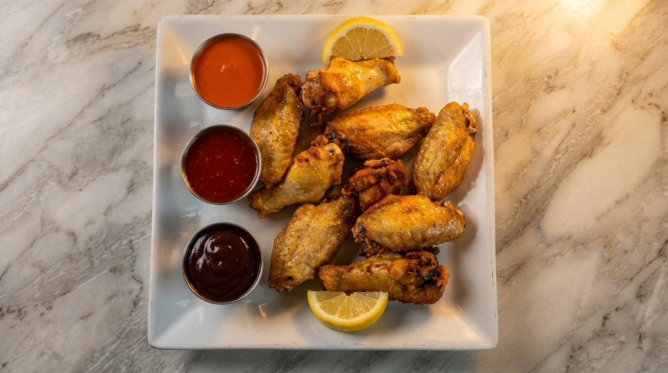 Golden brown chicken wings with lemon wedges and three dipping sauces on a white plate.