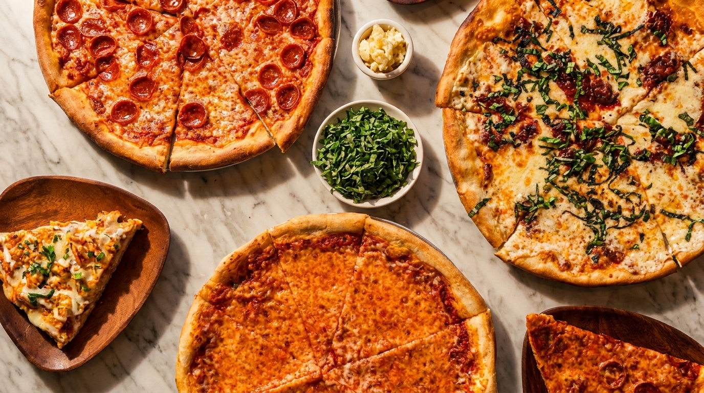 Three whole pizzas, one pepperoni, one cheese, and one with basil, plus two pizza slices.