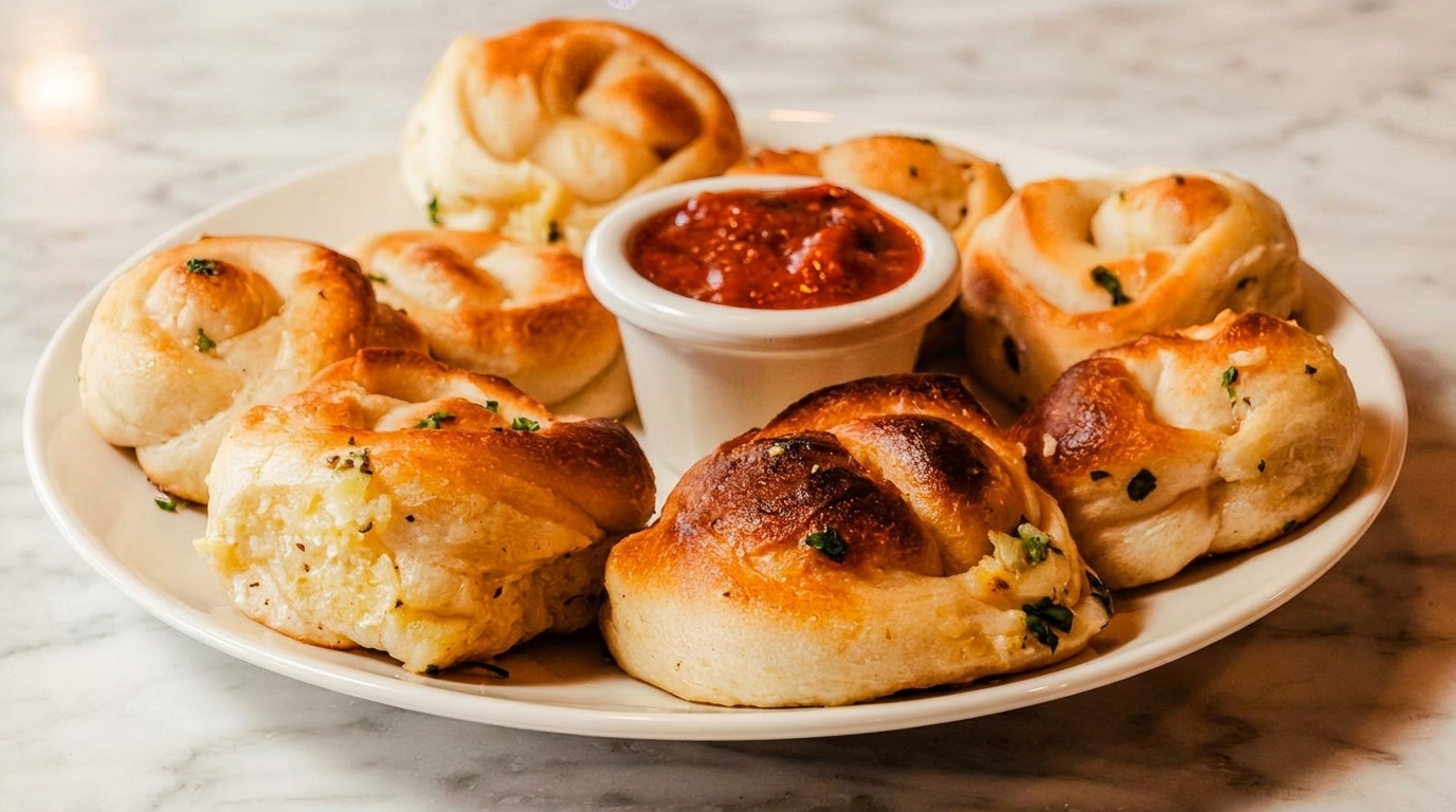 A white plate filled with golden-brown garlic knots, garnished with herbs, and a side of marinara sauce.