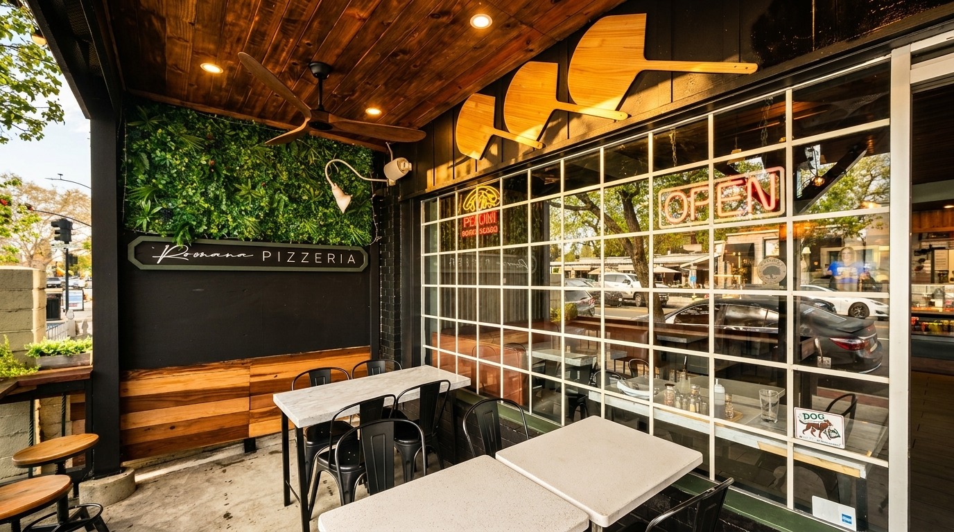 Outdoor patio of Romana Pizzeria with tables, chairs, a green wall, and a large window.