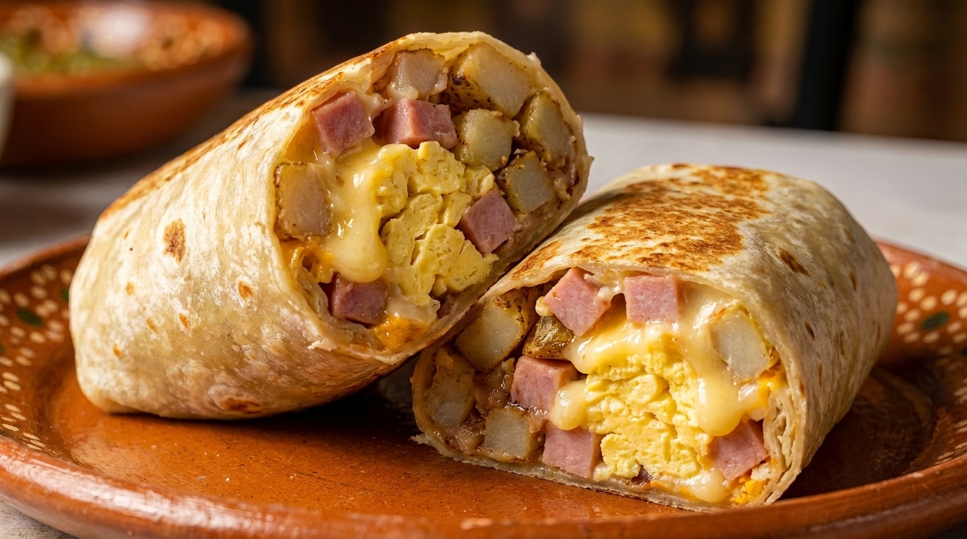 Two halves of a breakfast burrito filled with scrambled eggs, ham, potatoes, and melted cheese.