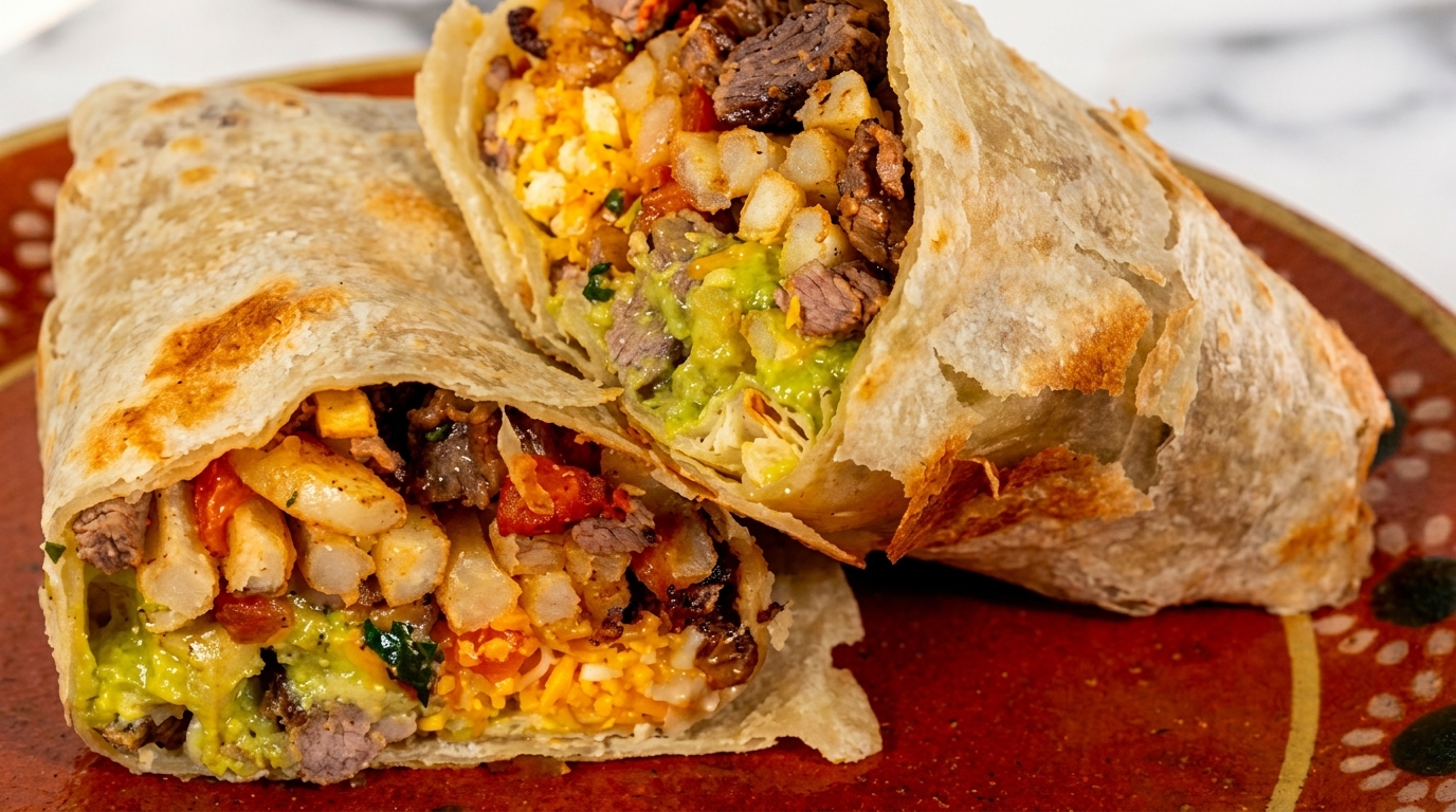 Two halves of a large, grilled burrito filled with steak, potatoes, guacamole, and cheese.