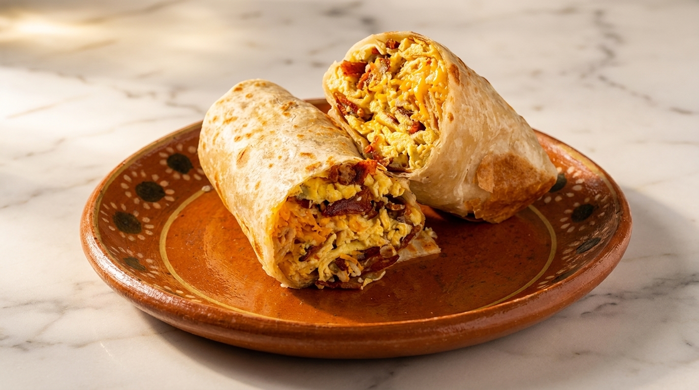 Two breakfast burritos filled with scrambled eggs, cheese, and bacon on a rustic brown plate.