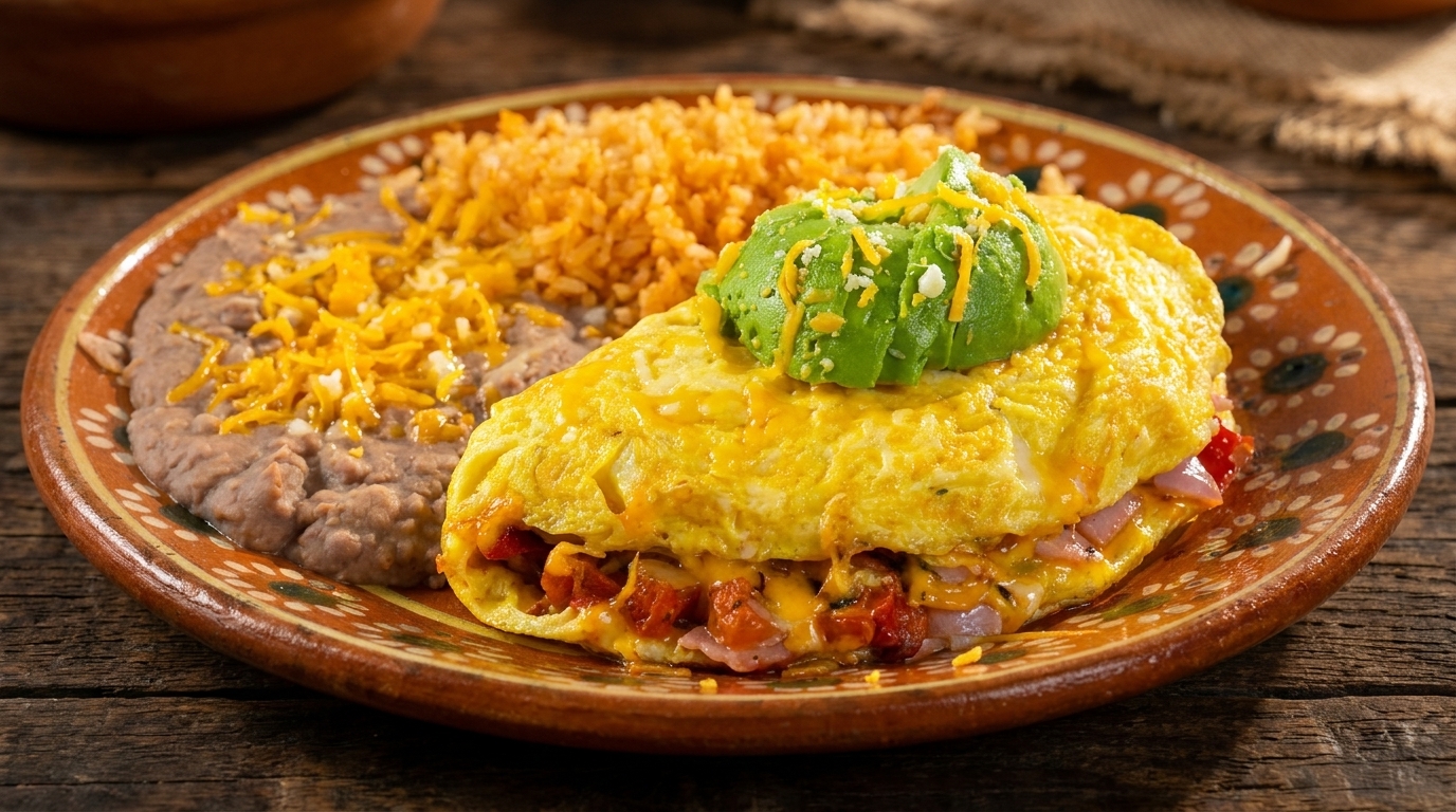 A Mexican omelet with avocado, rice, and refried beans on a decorative brown plate.