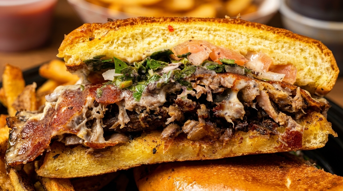 Close-up of a loaded sandwich with meat, melted cheese, bacon, and vegetables on toasted bread.