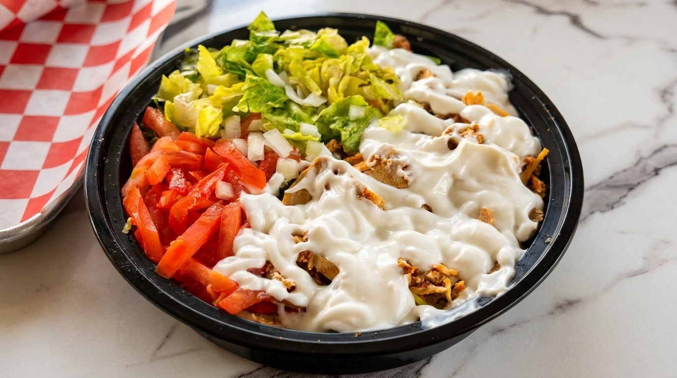 A black bowl filled with chicken, lettuce, tomatoes, and white sauce on a marble surface.