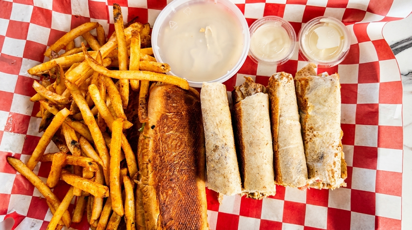 A platter of fries, a toasted sub sandwich, and four wraps with dipping sauces on red and white checkered paper.