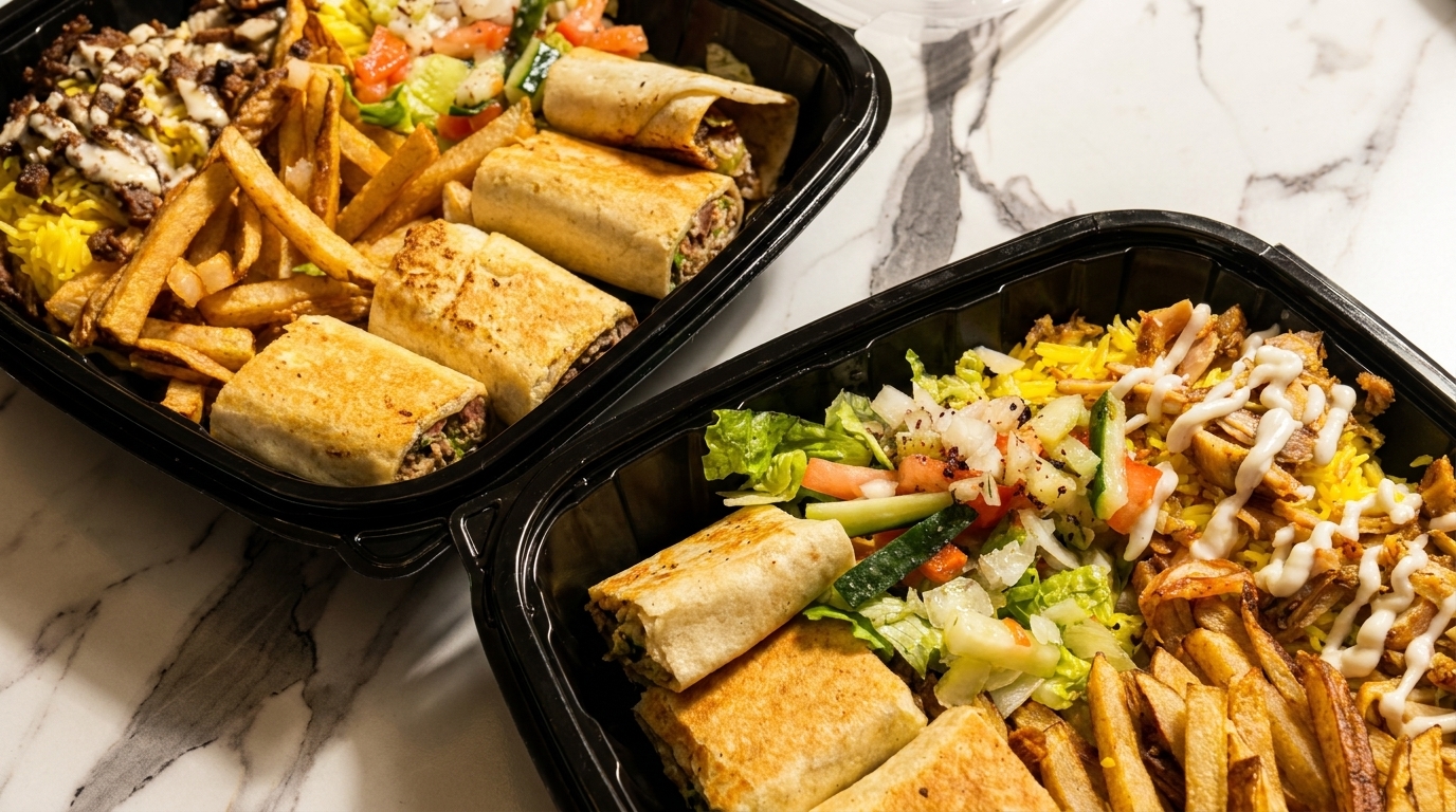 Two takeout containers filled with shawarma, fries, rice, salad, and white sauce on a marble surface.