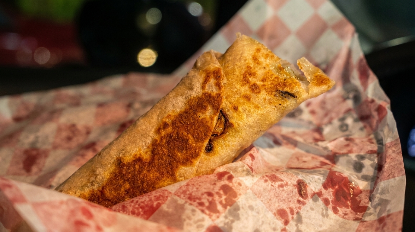 A golden-brown burrito, wrapped in red and white checkered paper, sits on a dark background.