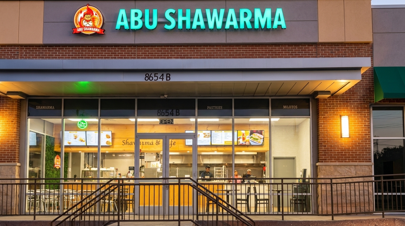 Exterior of Abu Shawarma restaurant with a bright sign, glass storefront, and people inside.