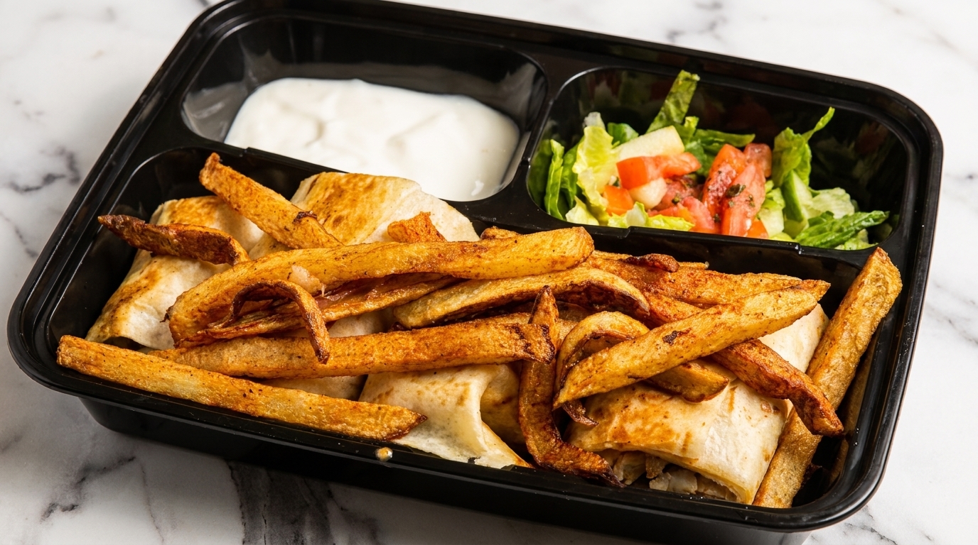 Shawarma wraps with golden fries, a side salad, and white dipping sauce in a black to-go container.