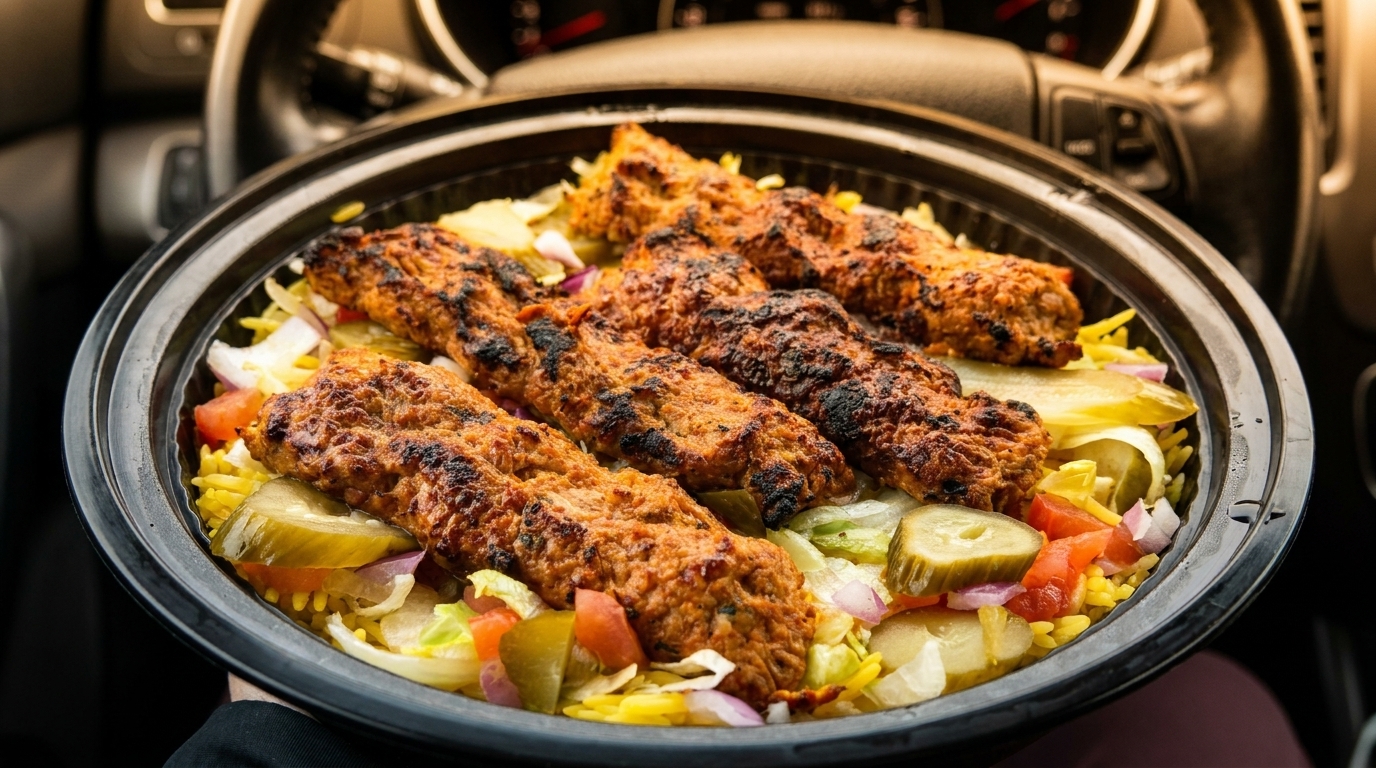 Grilled meat skewers over yellow rice, lettuce, tomatoes, onions, and pickles in a black to-go bowl.