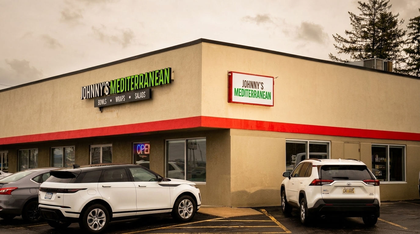 Exterior of Johnny's Mediterranean restaurant with cars parked in front under a cloudy sky.