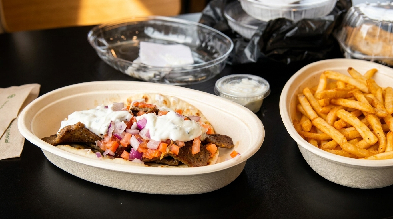 Gyro with tzatziki, tomatoes, and onions, alongside a bowl of french fries and sauce.