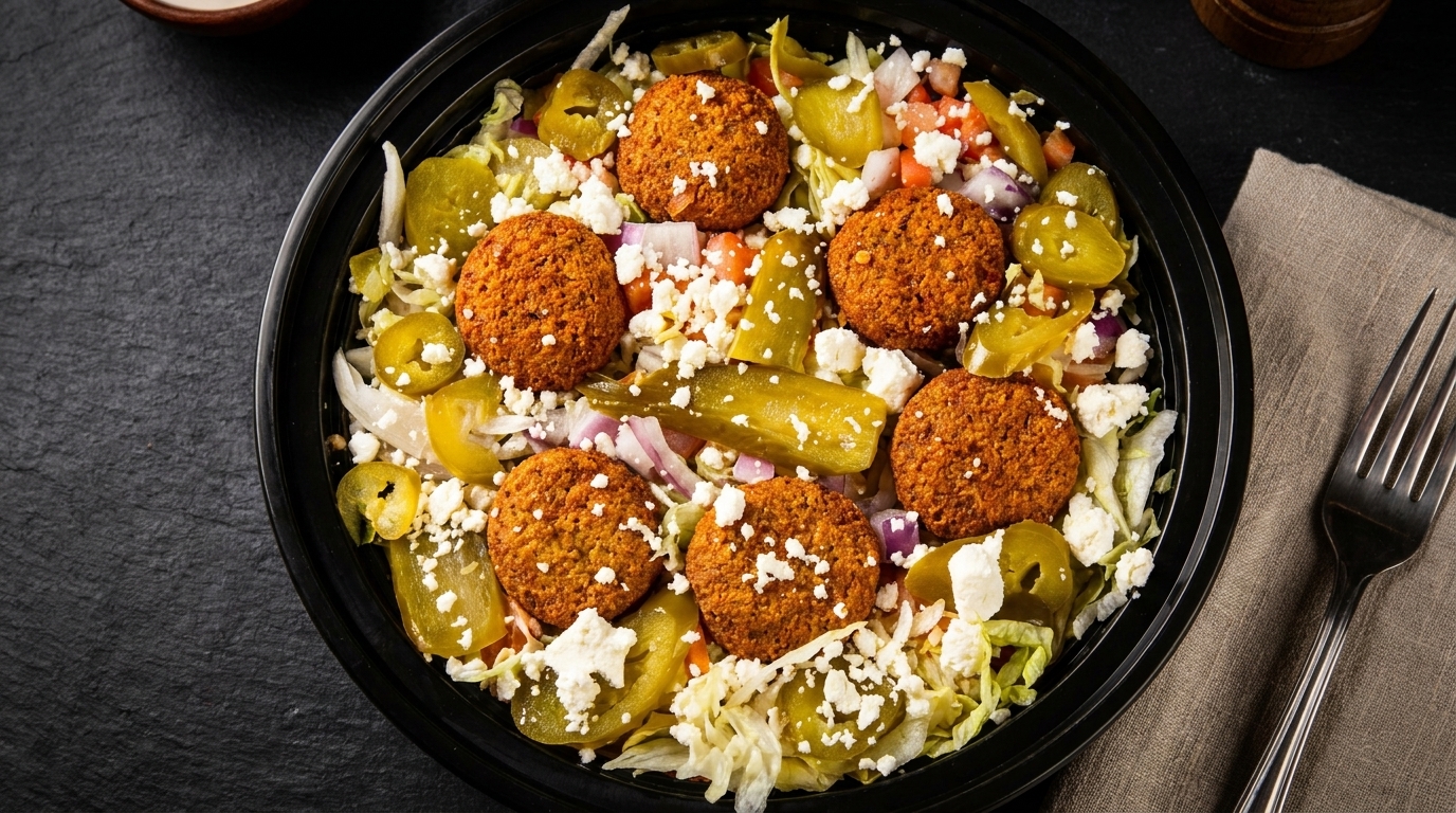 A falafel bowl with lettuce, feta, pickled peppers, red onion, and tomatoes in a black bowl.