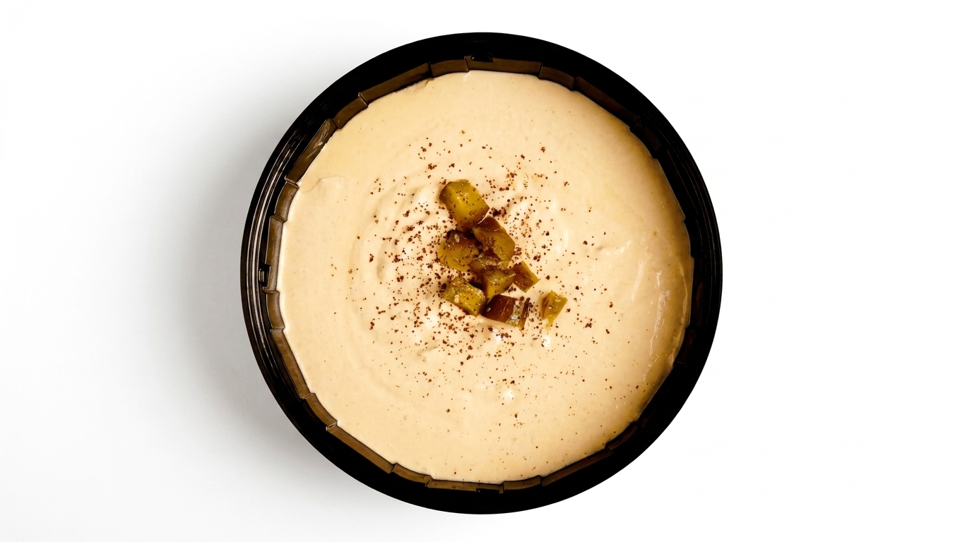Overhead view of a black bowl filled with creamy hummus, topped with diced green peppers and spices.
