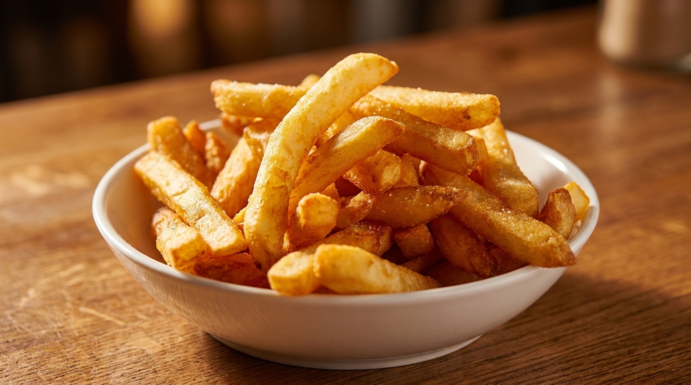 A white bowl filled with golden, crispy french fries, lightly salted, on a wooden table.