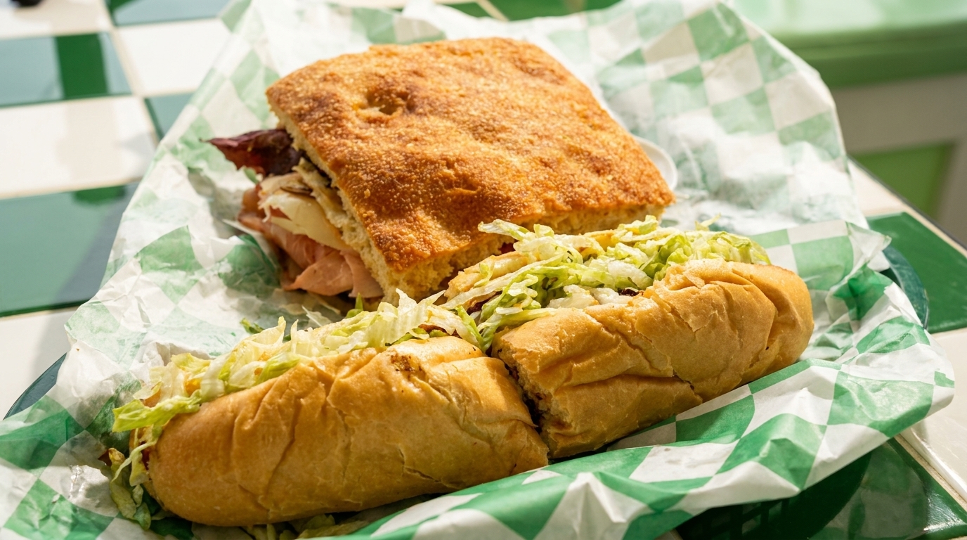 Two sandwiches, one focaccia and one sub, in green and white checkered paper.