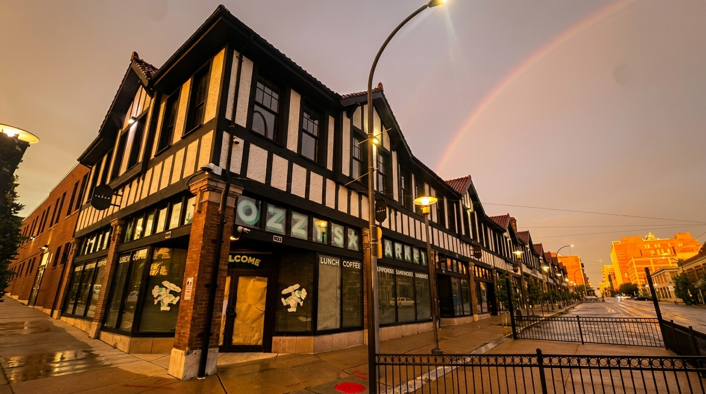 A Tudor-style building with "OZZY'S MARKET" signage under a rainbow at dusk.