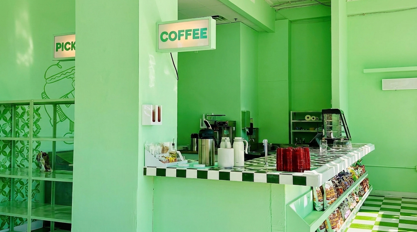 A vibrant green coffee bar with a checkered counter, coffee machines, and snack shelves.