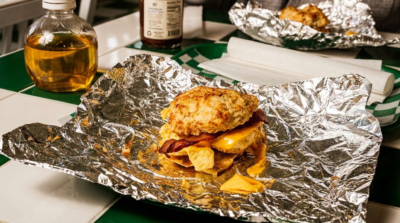 A bacon, egg, and cheese biscuit sandwich on foil, with a bottle of syrup and tea.