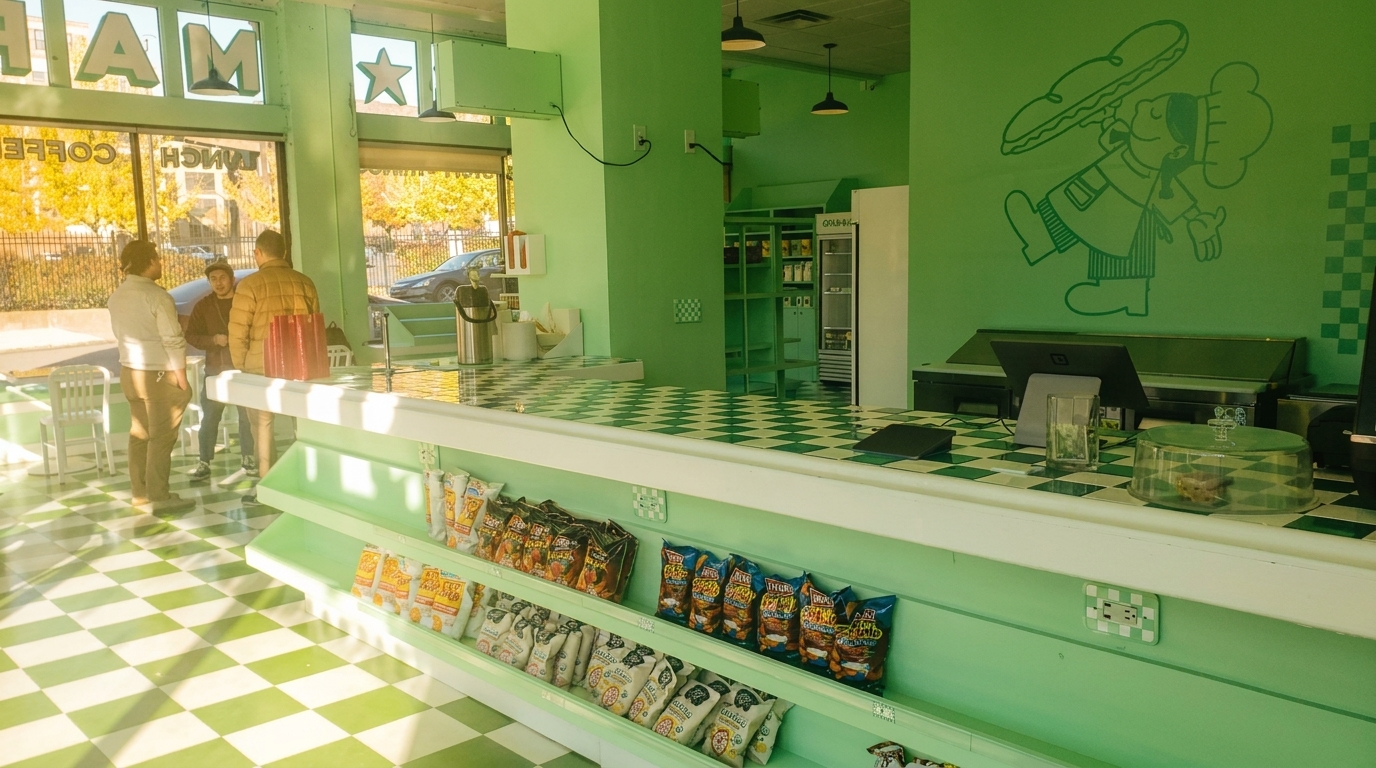 Interior of a bright green restaurant with checkered floors, a counter with snacks, and three people.