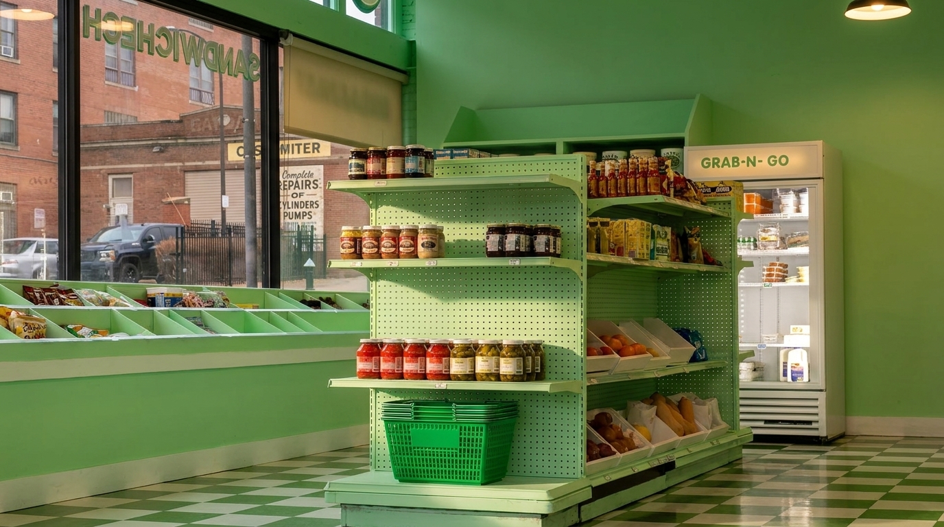 Interior of a bright green sandwich shop with shelves of products, a "Grab-N-Go" fridge, and checkered floor.