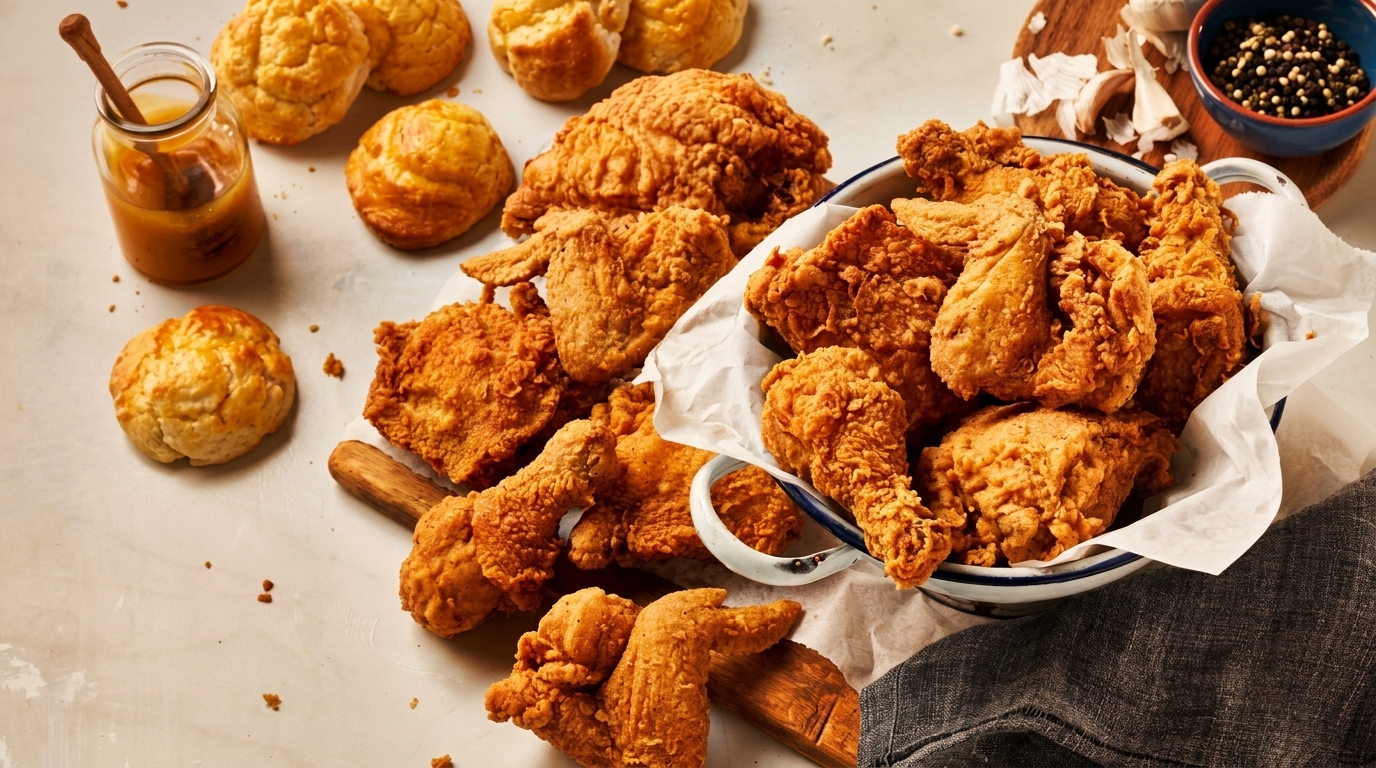 Crispy fried chicken pieces, biscuits, honey, and peppercorns arranged on a light surface.