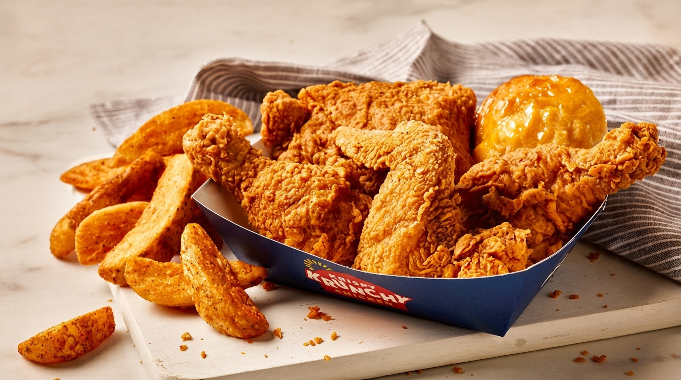 Krispy Krunchy Chicken meal with fried chicken, potato wedges, and a honey biscuit.