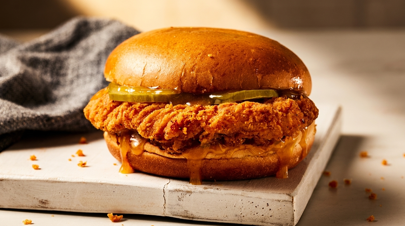 Crispy fried chicken sandwich with pickles and honey mustard sauce on a brioche bun.