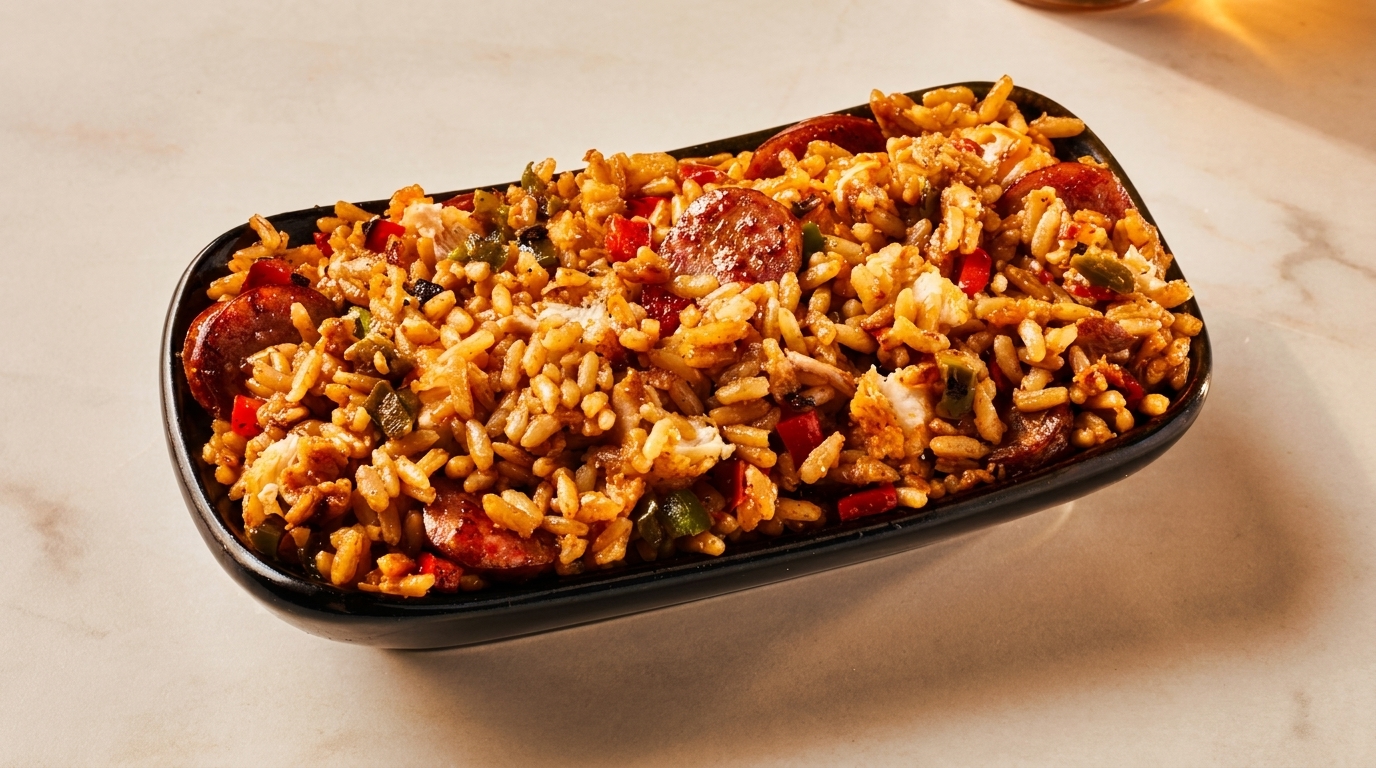 Jambalaya with rice, sausage, chicken, and vegetables in a black rectangular dish.