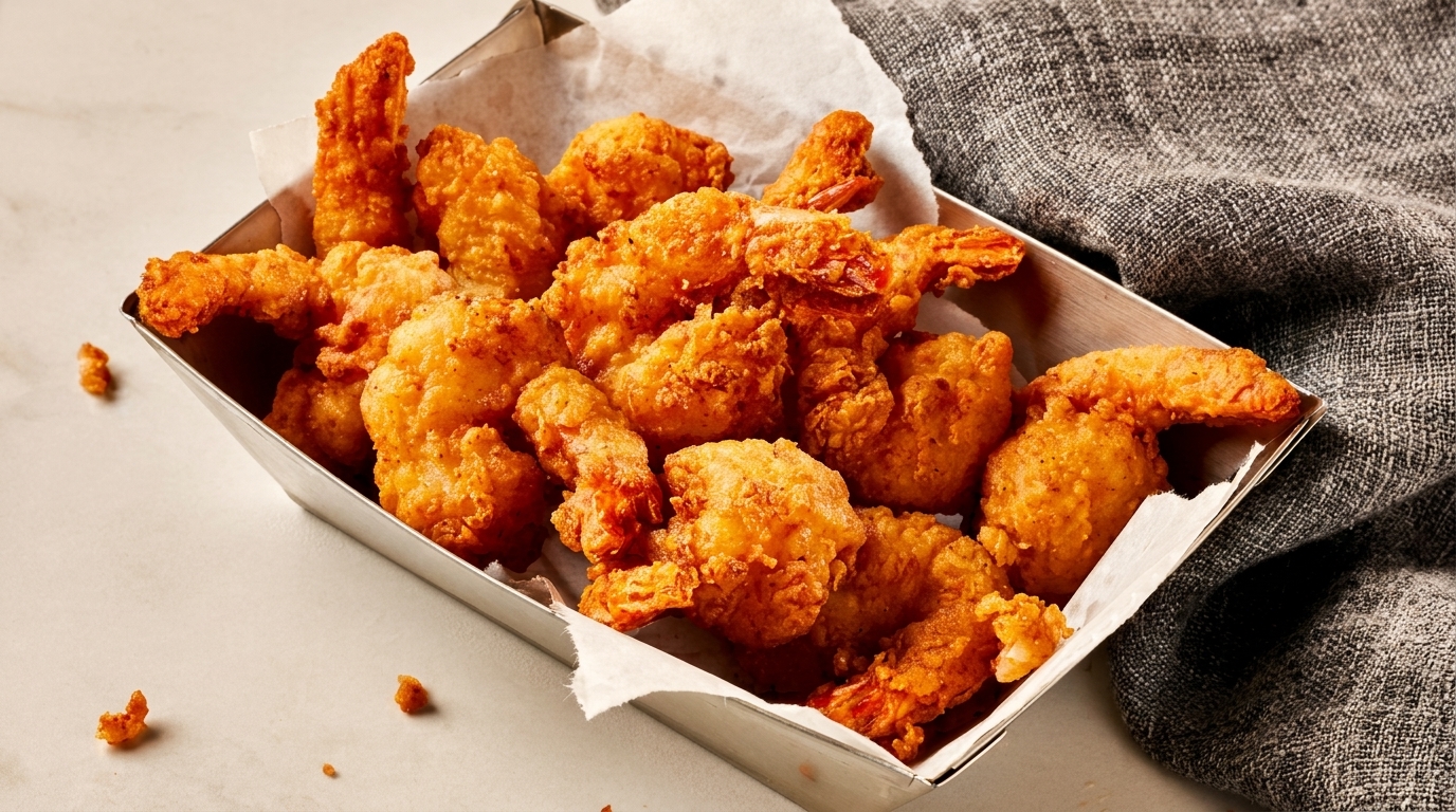 Crispy fried shrimp and hushpuppies in a metal tray lined with white paper, next to a gray cloth.