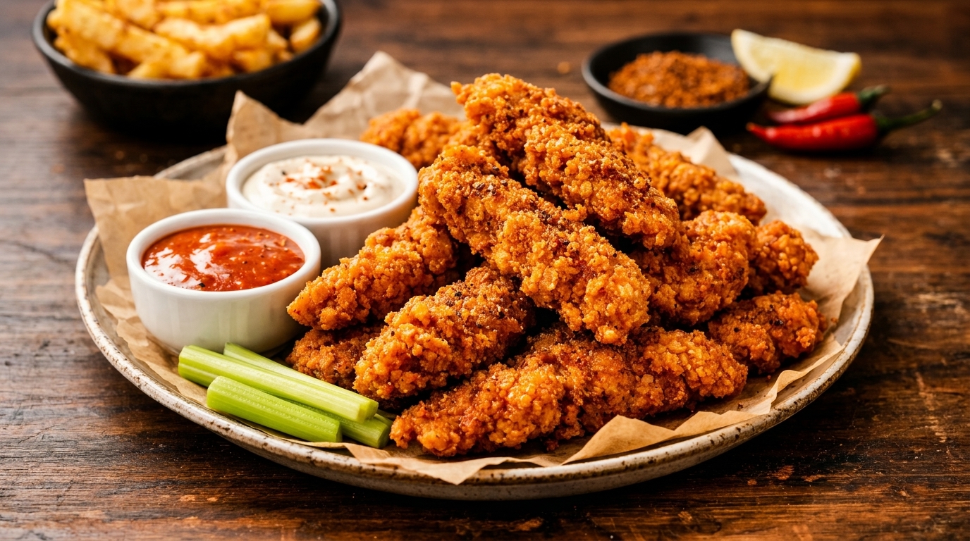 Crispy fried chicken tenders with dipping sauces, celery sticks, and fries on a wooden table.