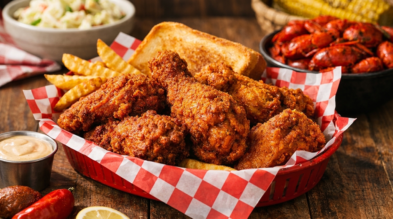 Crispy fried chicken pieces, fries, and toast in a red basket with coleslaw and crawfish.