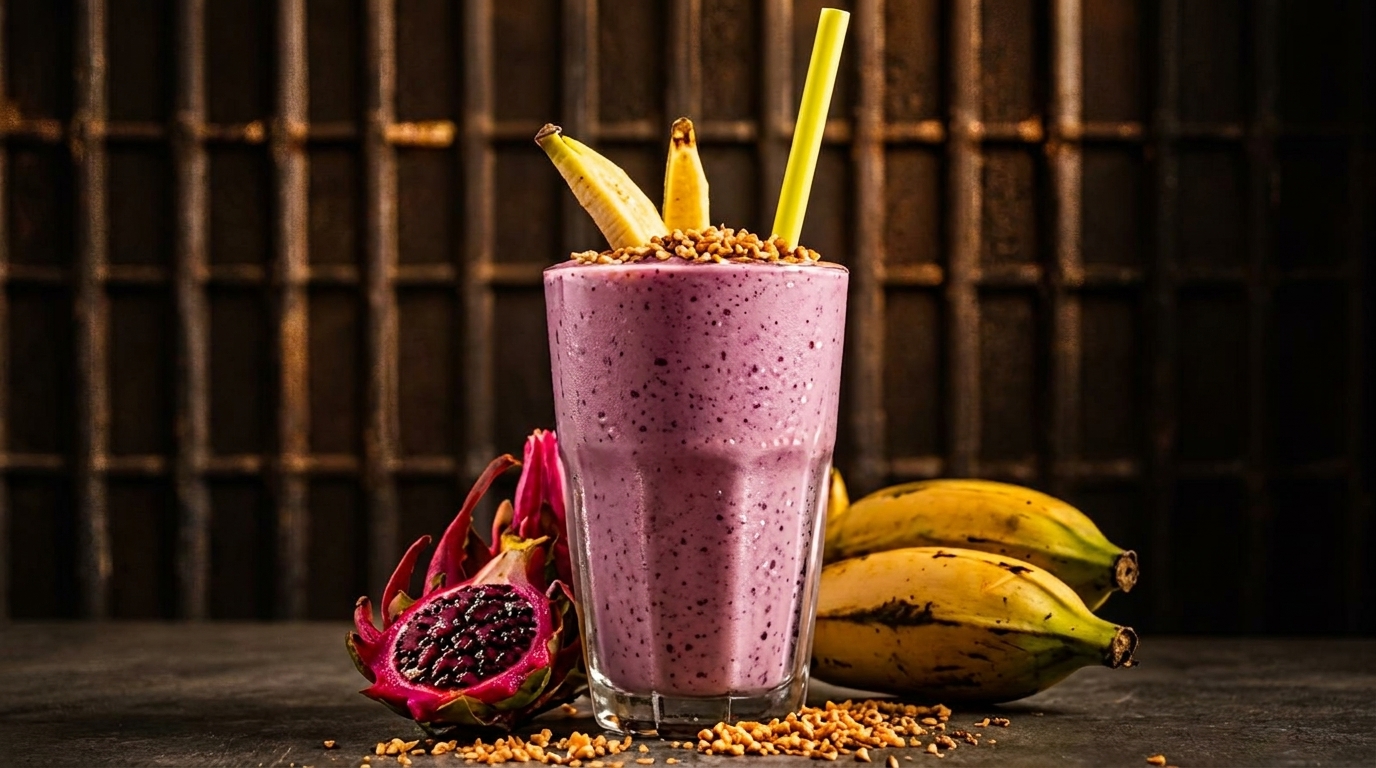 Purple smoothie with banana, granola, and a yellow straw, next to dragon fruit and bananas.