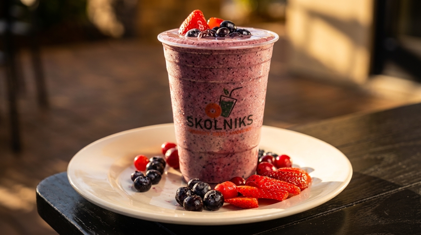 Skolniks berry smoothie with fresh strawberries, blueberries, and cranberries on a white plate.