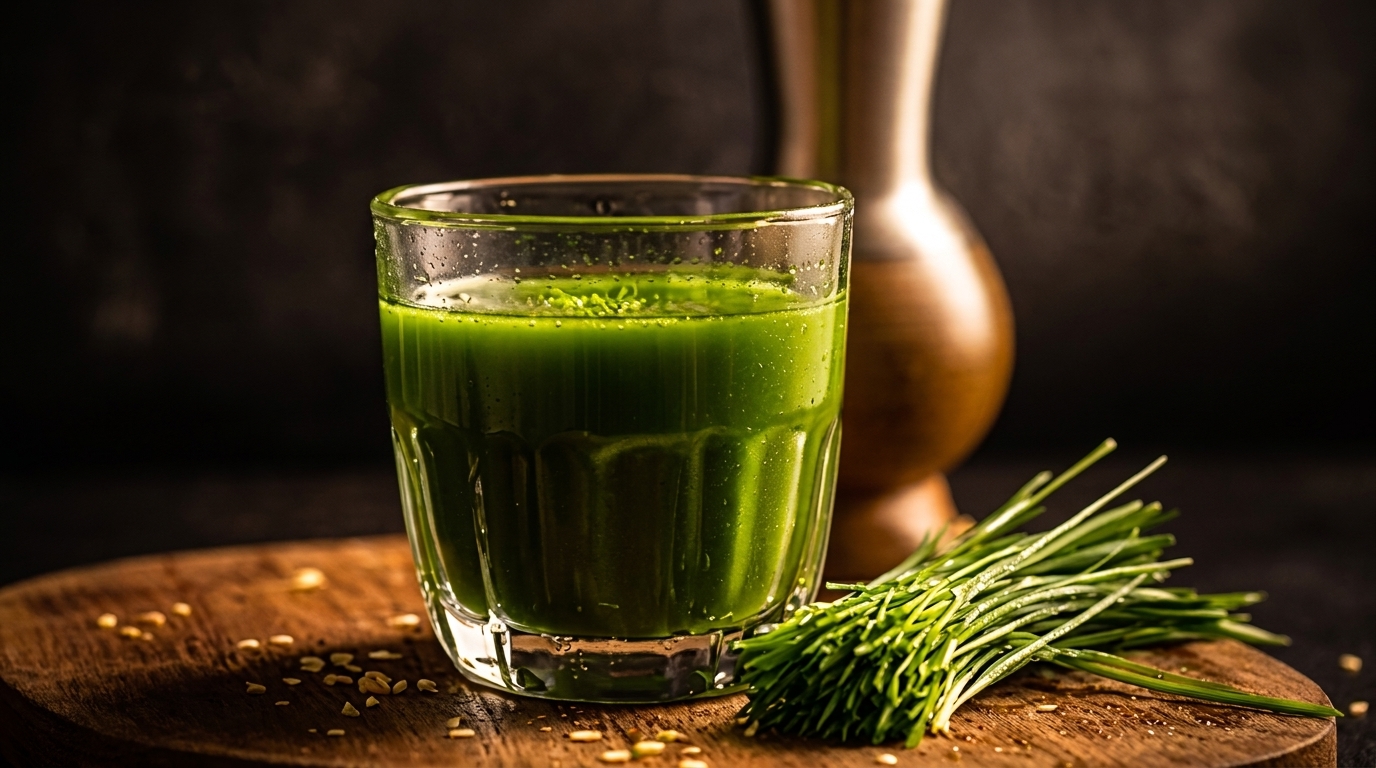 A glass of vibrant green juice with wheatgrass and a wooden vase on a dark background.