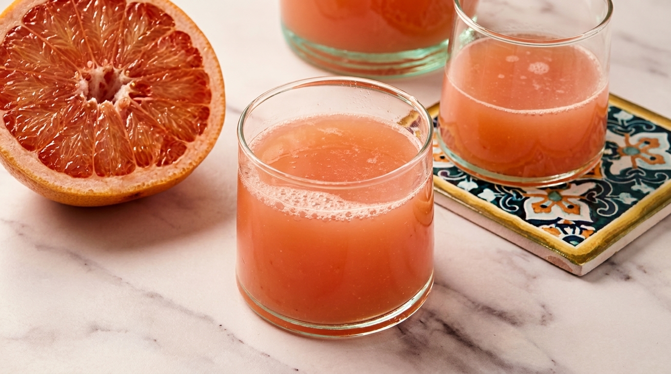 Freshly squeezed grapefruit juice in glasses with a halved grapefruit on a marble surface.