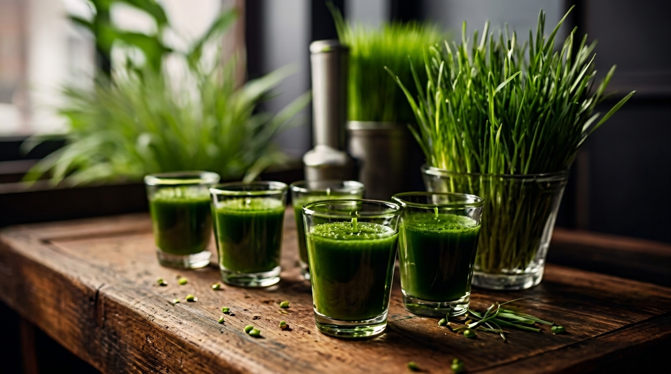 Five glasses of vibrant green wheatgrass shots on a rustic wooden table with fresh wheatgrass.