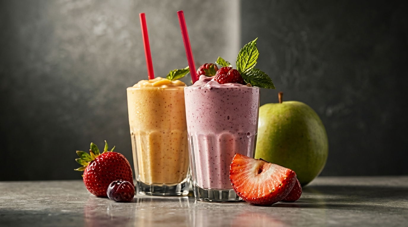 Two vibrant fruit smoothies, one yellow and one pink, garnished with berries and mint, beside fresh fruit.