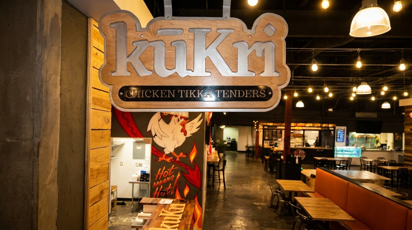 Kukri Chicken Tikka Tenders sign hanging above the entrance to a restaurant with tables and chairs.