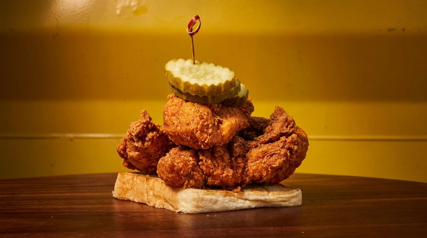 Crispy fried chicken tenders on white bread, topped with pickle slices and a red toothpick.