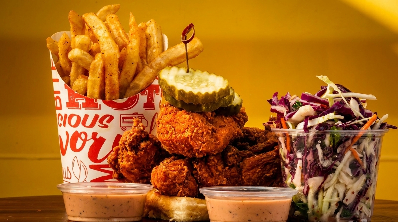 Crispy fried chicken, a large container of fries, coleslaw, pickles, and dipping sauces.