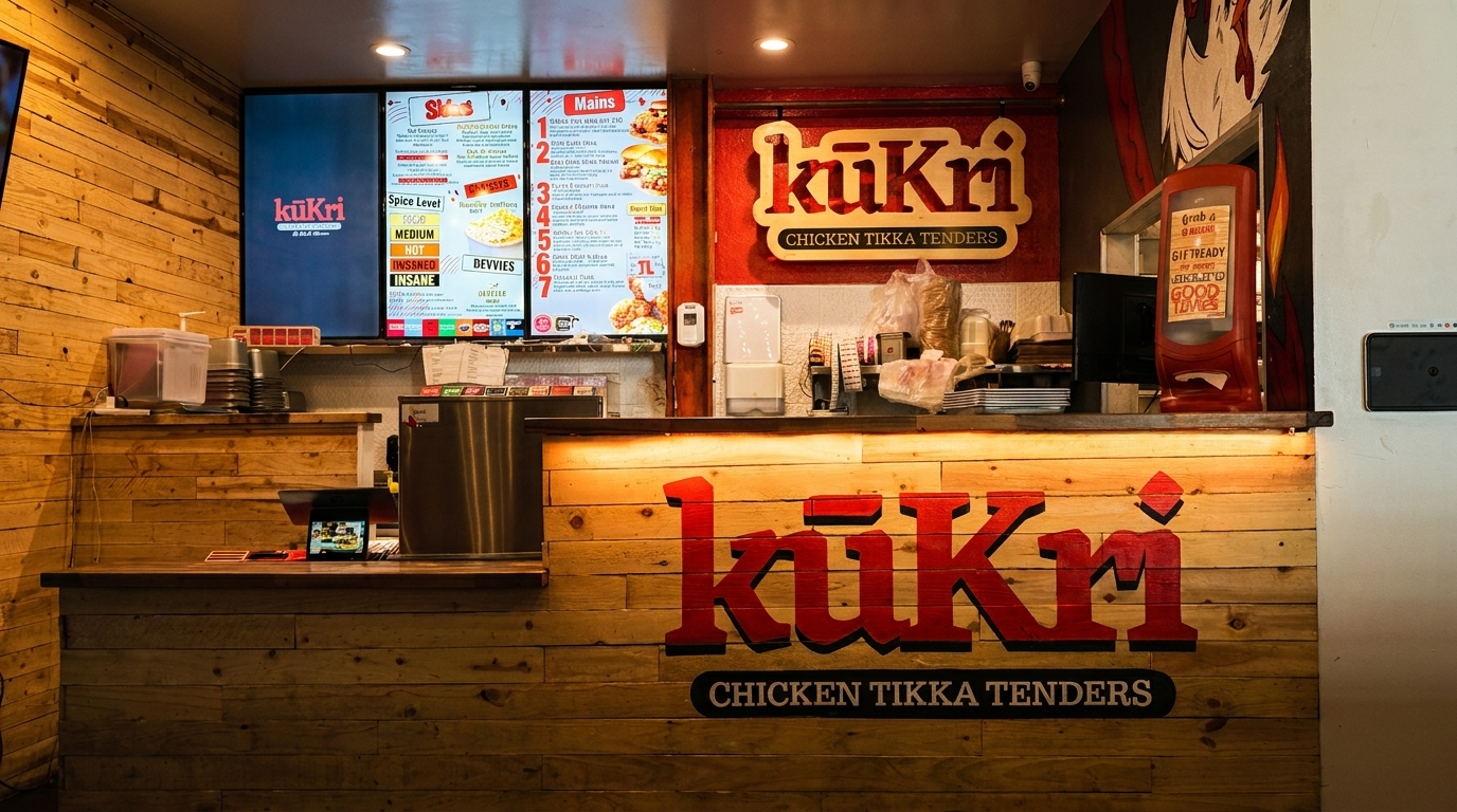 The Kukri Chicken Tikka Tenders restaurant counter with menu screens and wooden paneling.