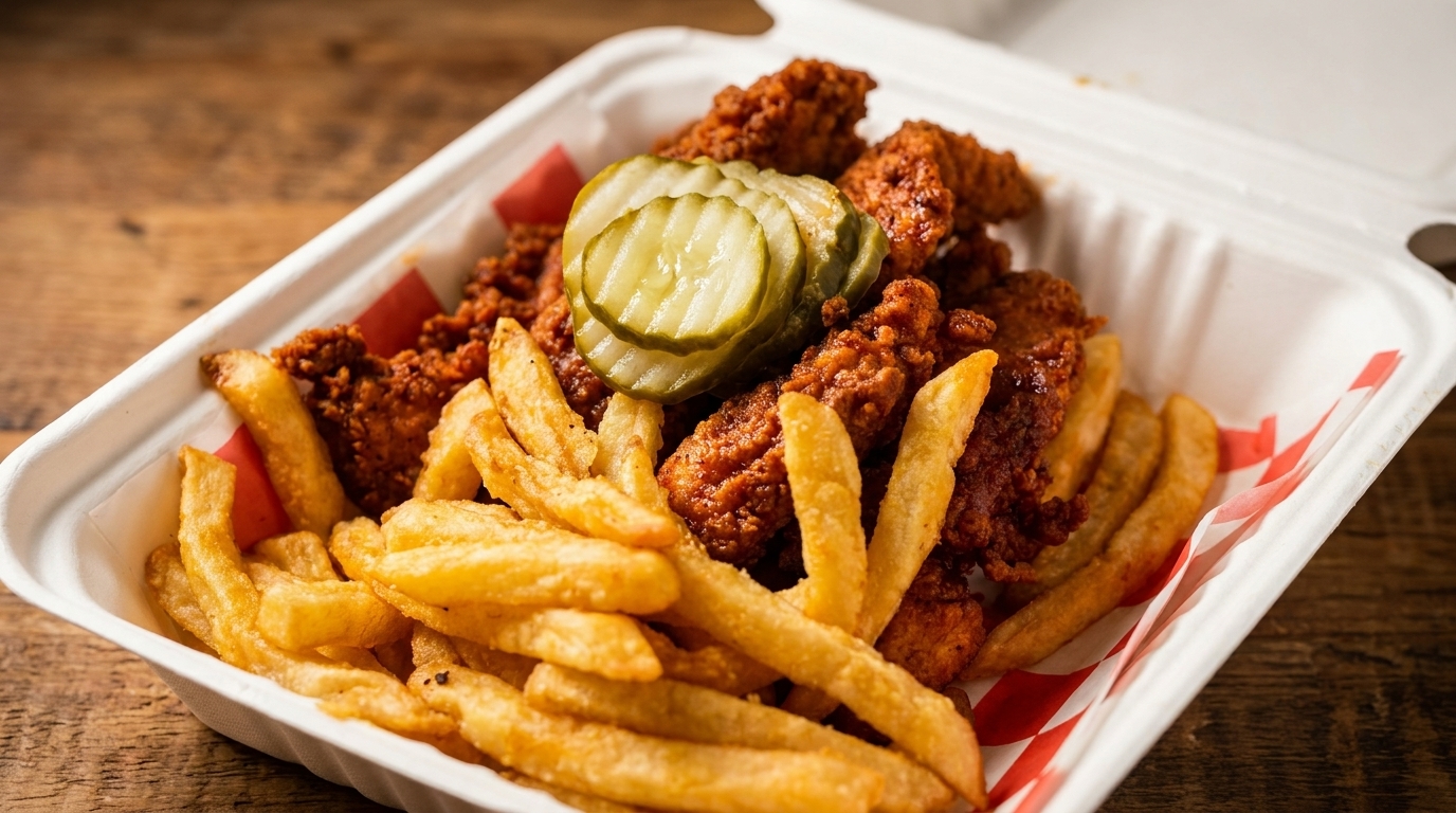 Spicy fried chicken tenders and french fries with pickles in a white takeout container.